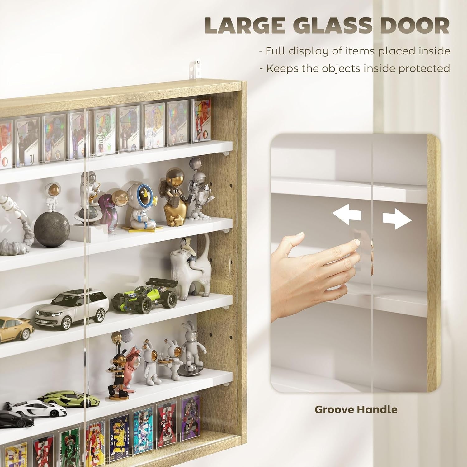 5-Tier Natural Wood Display Cabinet | Wall-Mounted Glass Sliding Door Shelf 60×8