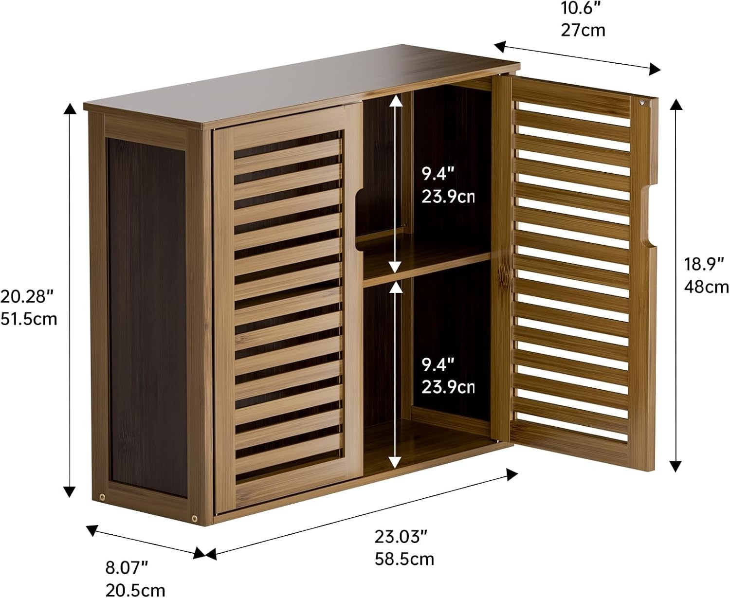 Bamboo Wall Mounted Bathroom Cabinet 2 Doors Adjustable Shelf Storage
