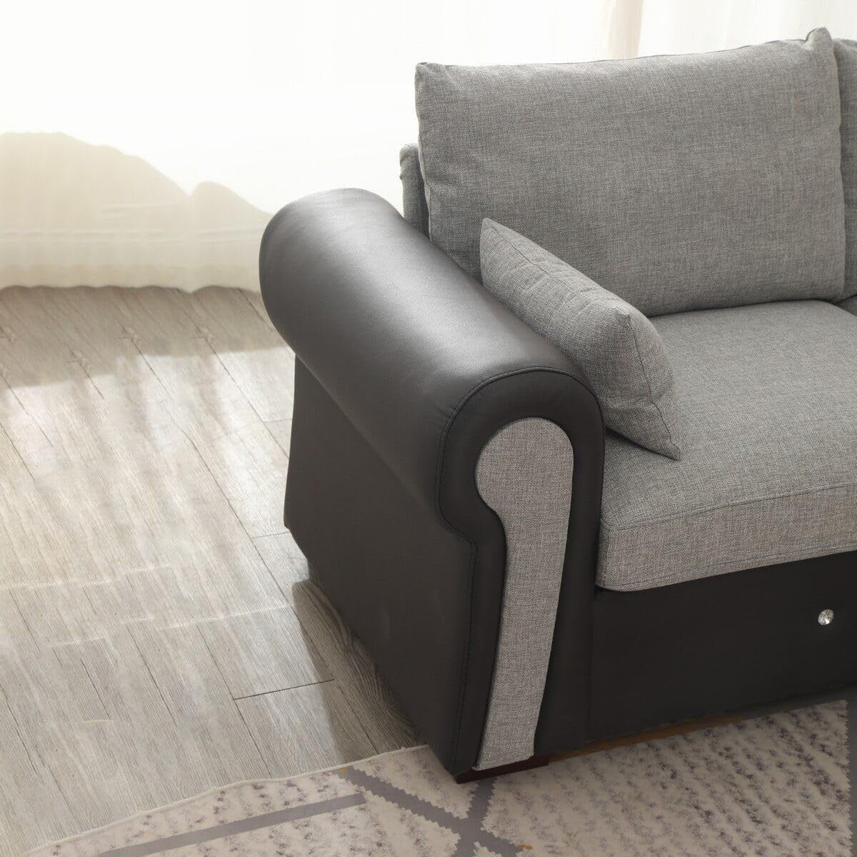 4 Seater L-Shaped Corner Sofa with USB Port Chaise – Linen & Faux Leather