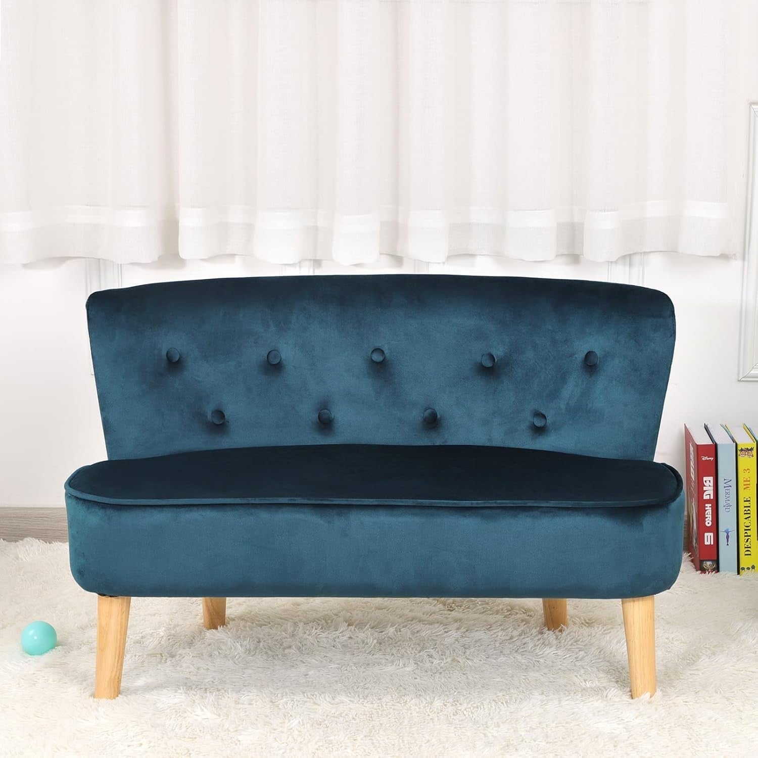 Blue Velvet Kids Sofa, 2-Seater Play Couch for Toddlers, Compact 90.5x44.5x57.5c