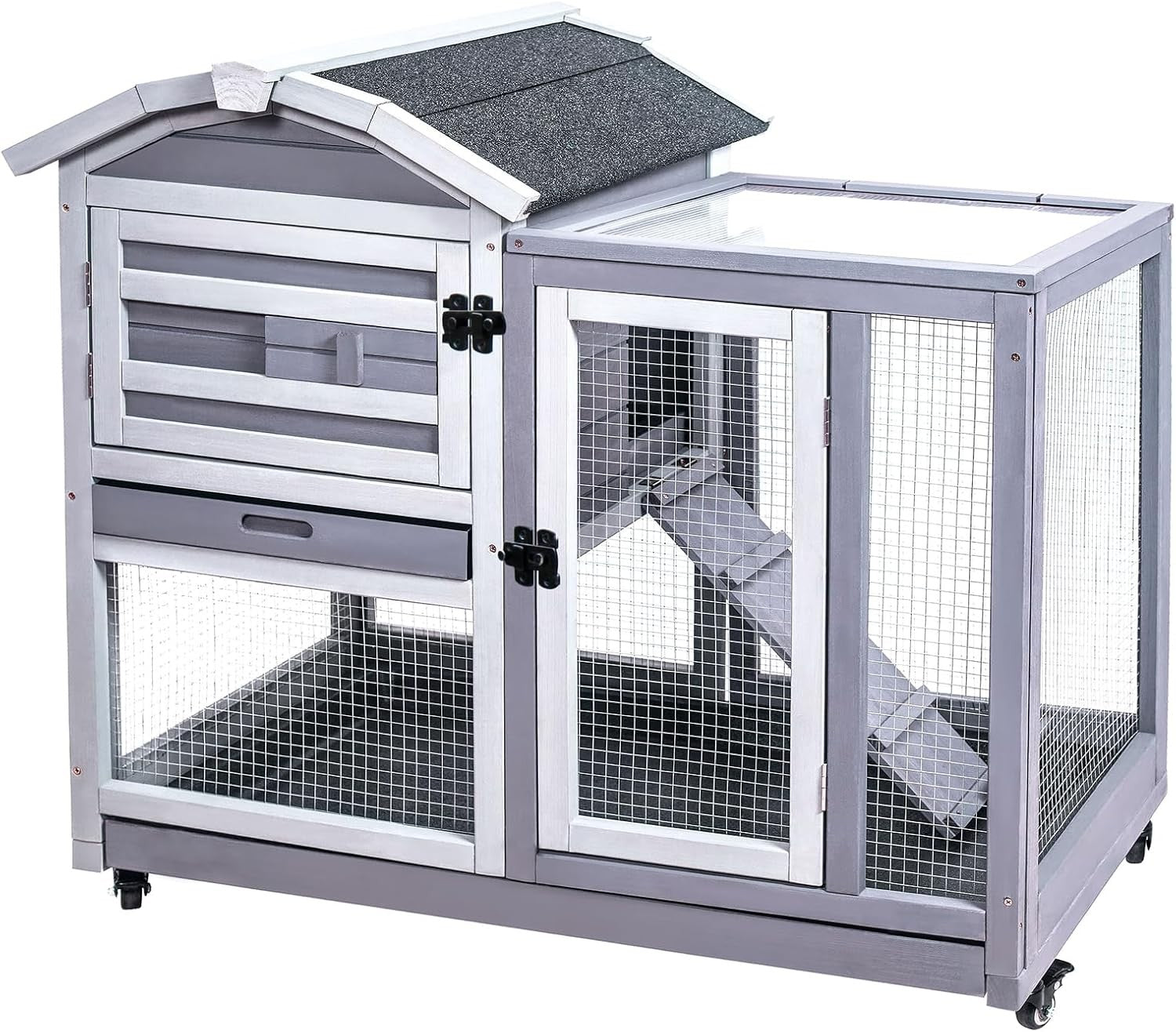 Indoor Outdoor Rabbit Hutch Wooden Cage With Wheels Ramp Secure Small Animal