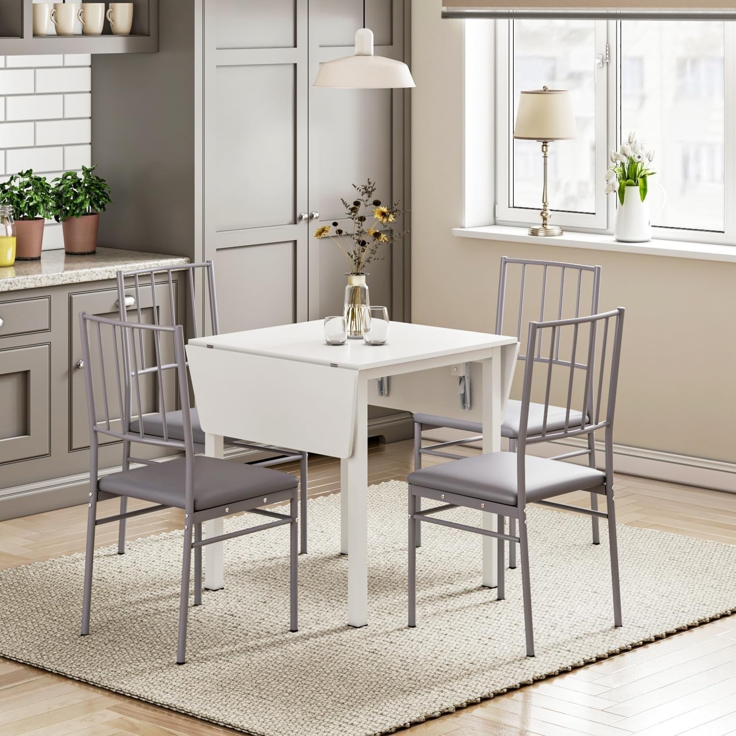 Space-Saving White Dining Table & 2 Chairs Set with PU Leather Grey Seats