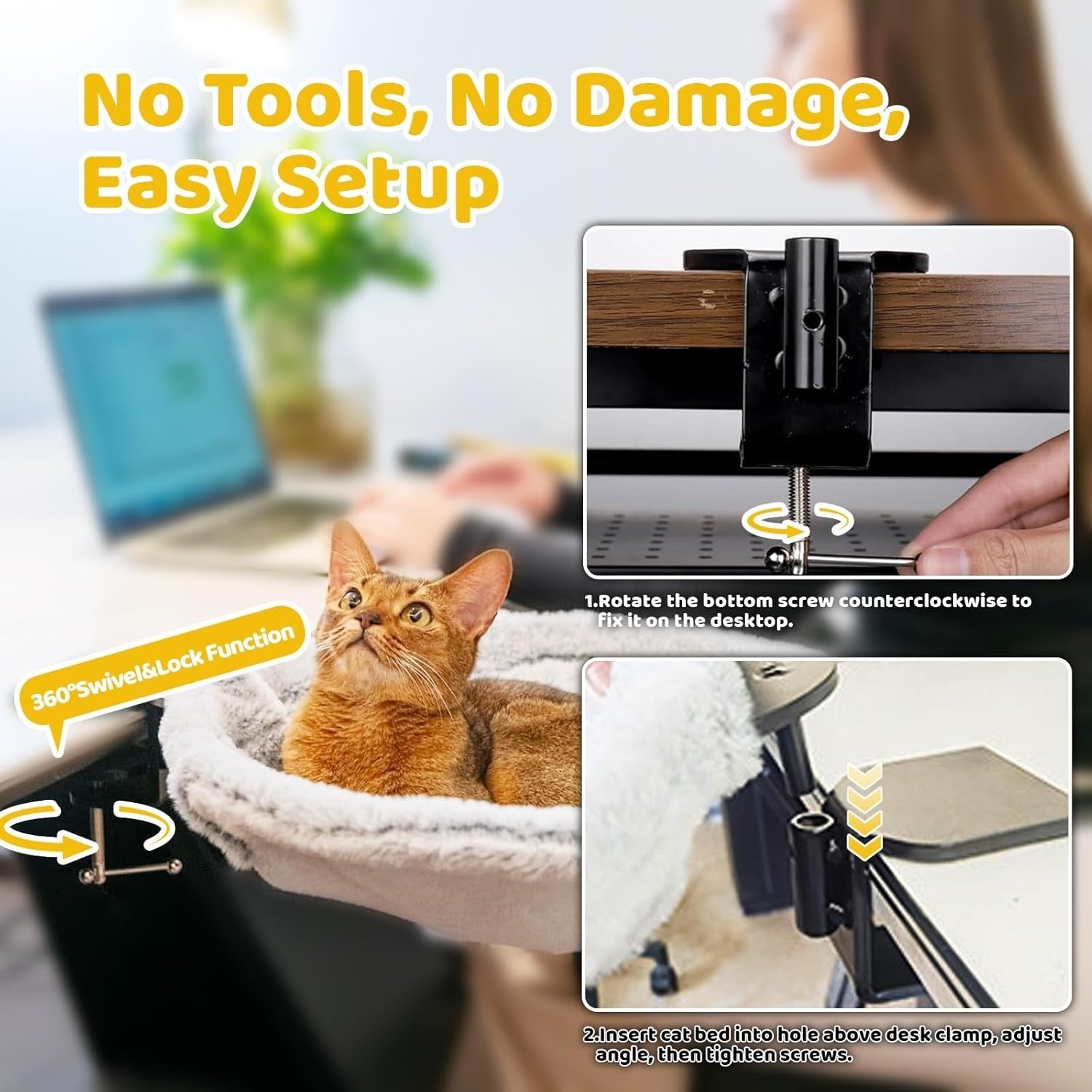 360 Rotating Desk Cat Hammock Plush Cat Bed Clamp On Perch