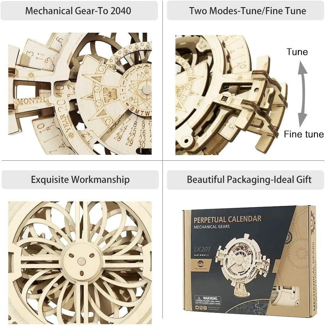 Wooden Perpetual Calendar Puzzle DIY Kit – 3D Gear Desk Toy Gift Adults