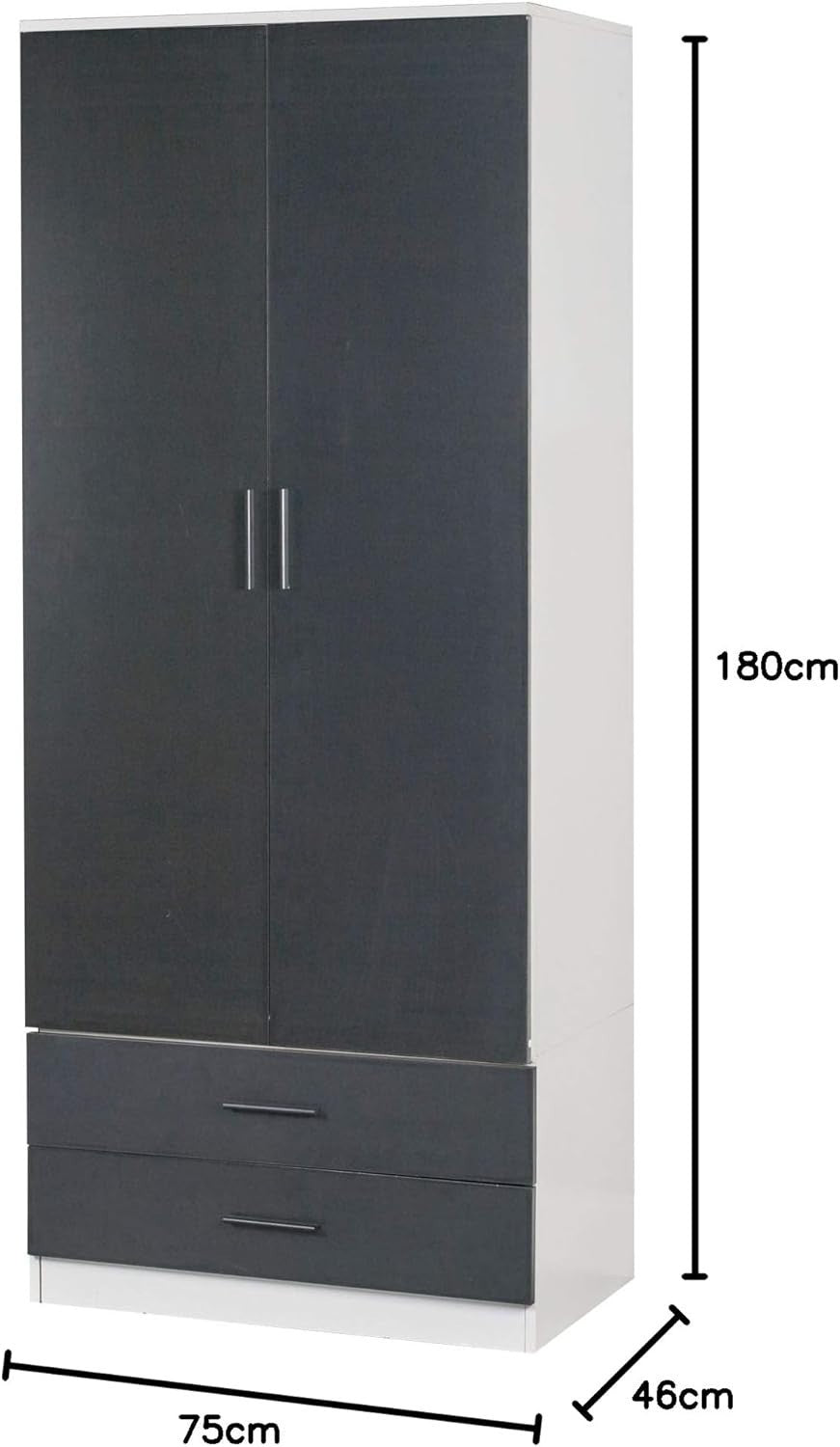 Modern 2 Door Wardrobe Black Drawers Hanging Rail Tall Storage Unit