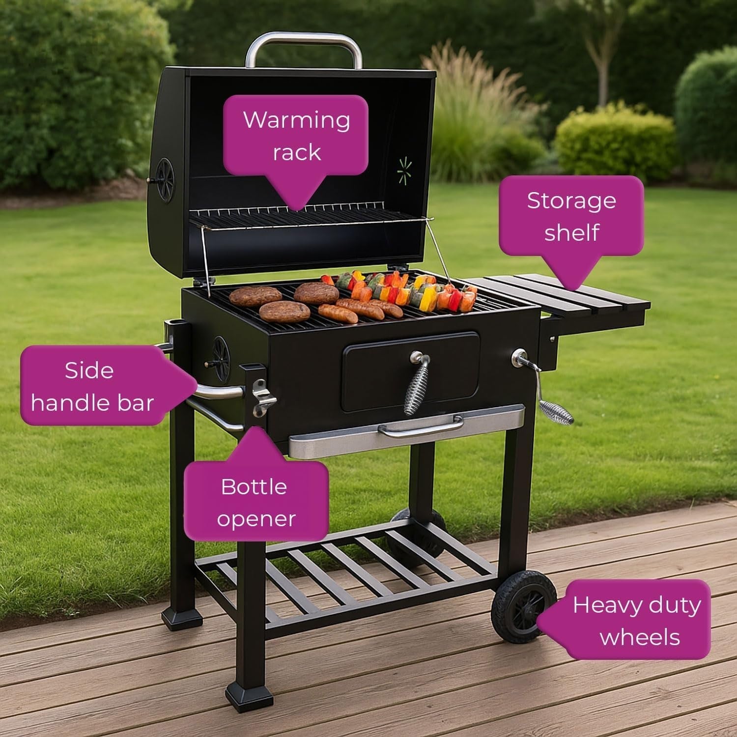 Portable Charcoal Smoker BBQ Grill | Adjustable Tray | Built-In Thermometer