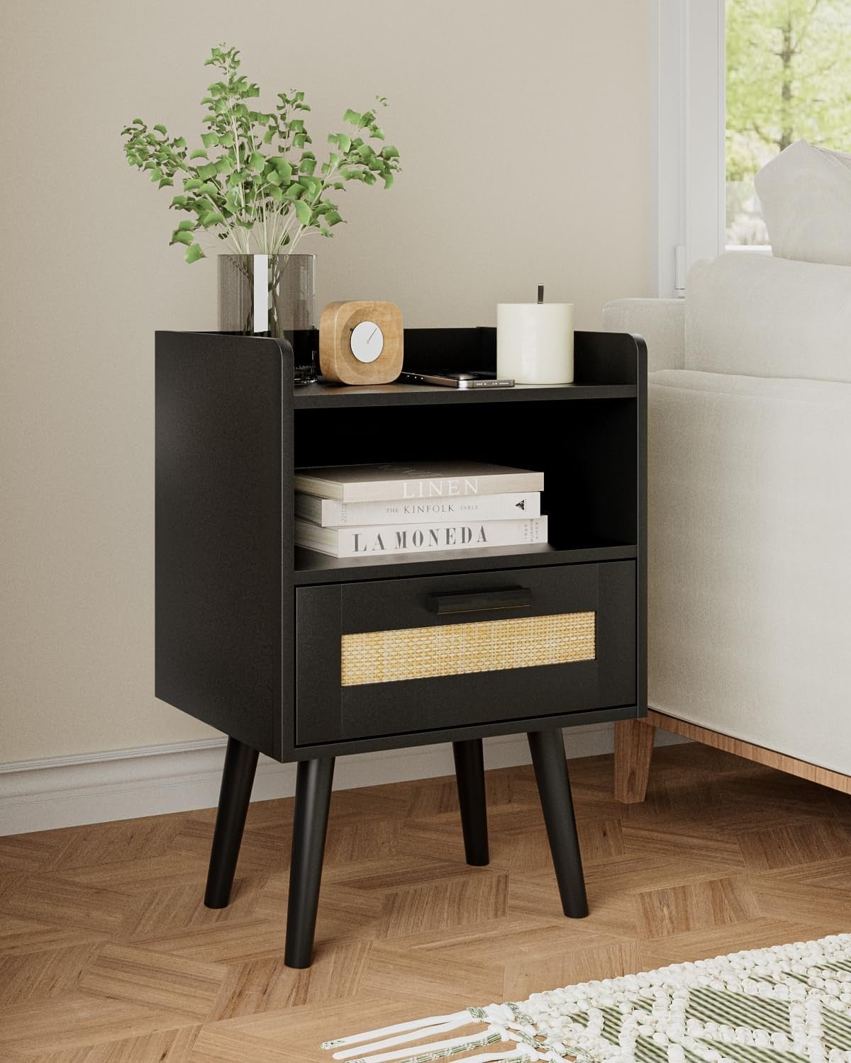 Black Rattan Bedside Table with Drawer & Shelf – Modern Wood Accent Nightstand