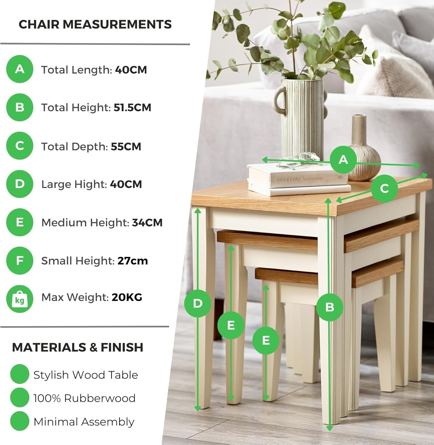 Nest of 3 Solid Wood Nesting Tables Modern Oak Veneer Side End Coffee Set