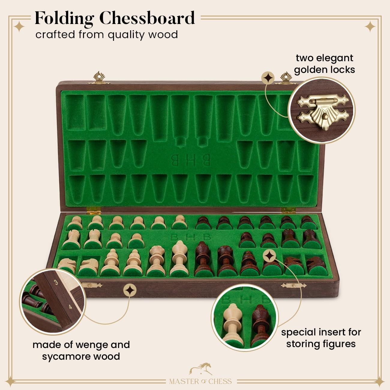 38cm Tournament Chess Set – Inlaid Folding Board & Weighted Wooden