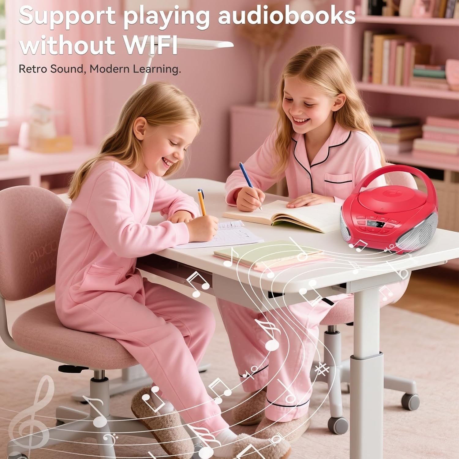 Portable CD Player Boombox Speakers FM Radio AUX Headphone Jack Red