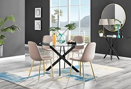 Round Glass Dining Table 120cm Matte Black + 4 Cappuccino Gold Chairs