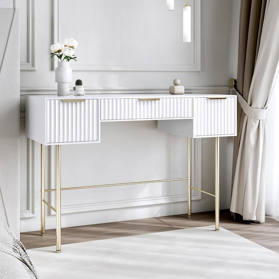 White Modern Dressing Table 3 Drawer Gold Handles Desk Vanity Makeup Storage