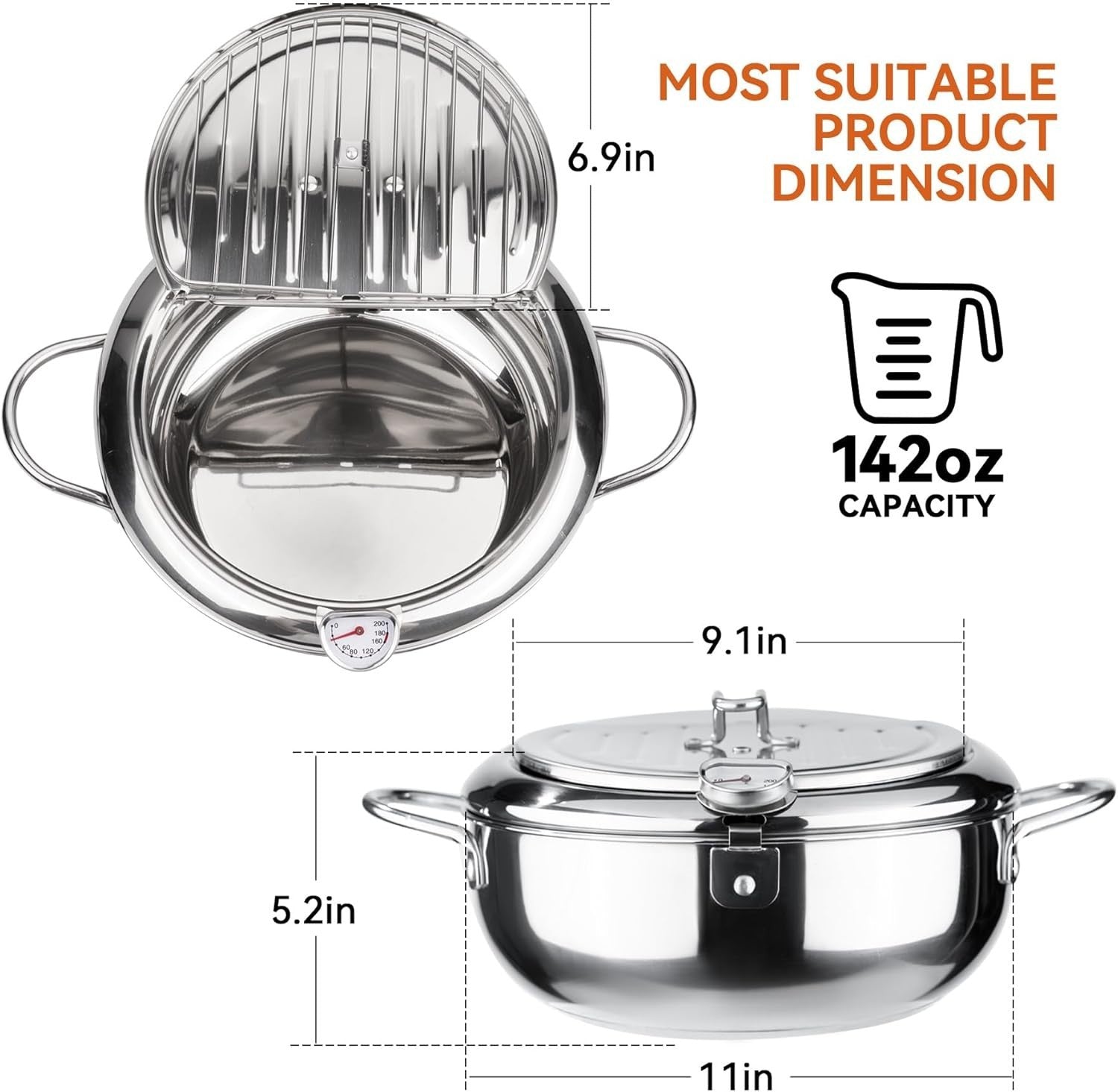 11 Inch Stainless Steel Deep Fryer Pot 4.2L w Thermometer Oil Drain Lid