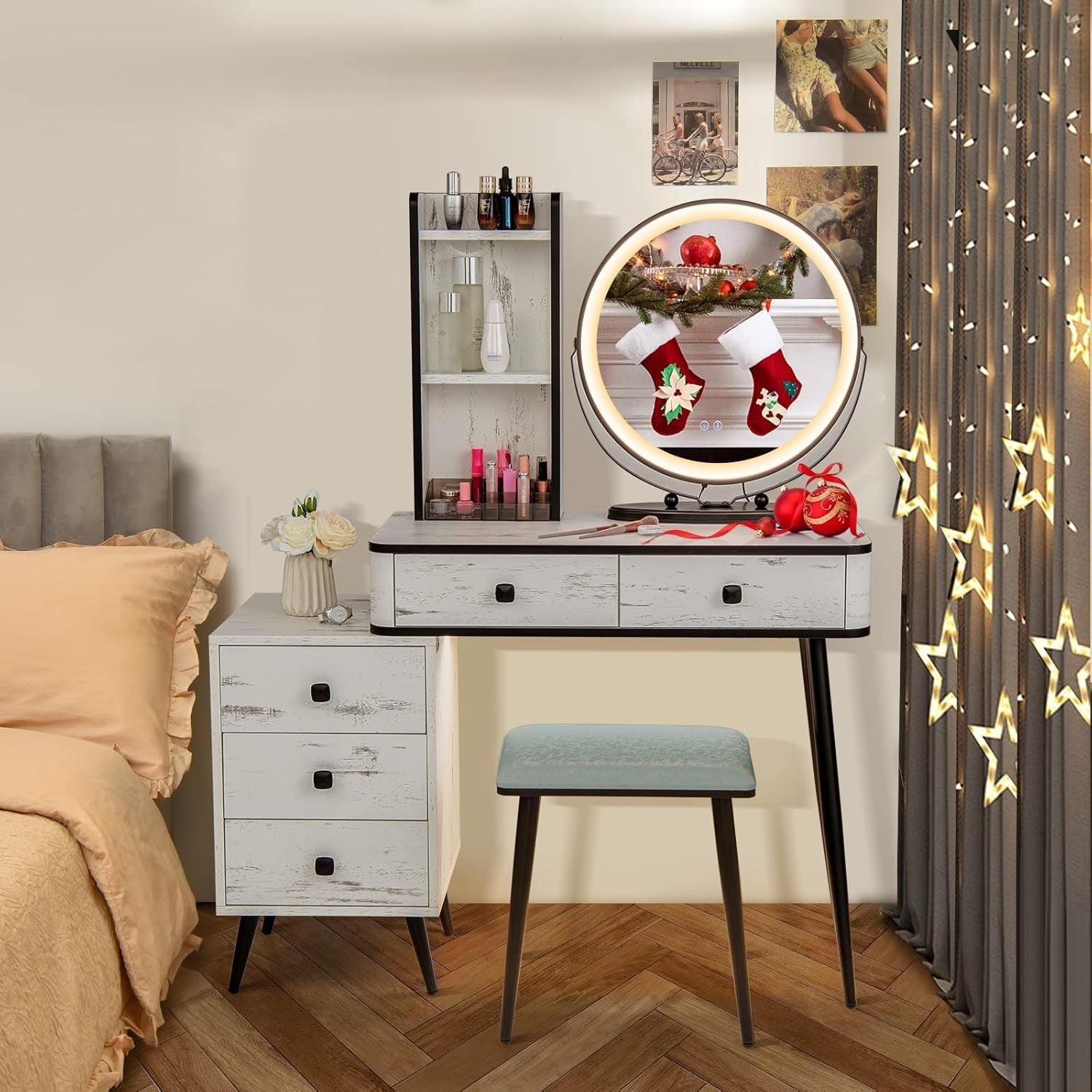 Vanity Desk Set w/LED Mirror & 3-Color Light, Charging Station, 2 Drawers, White