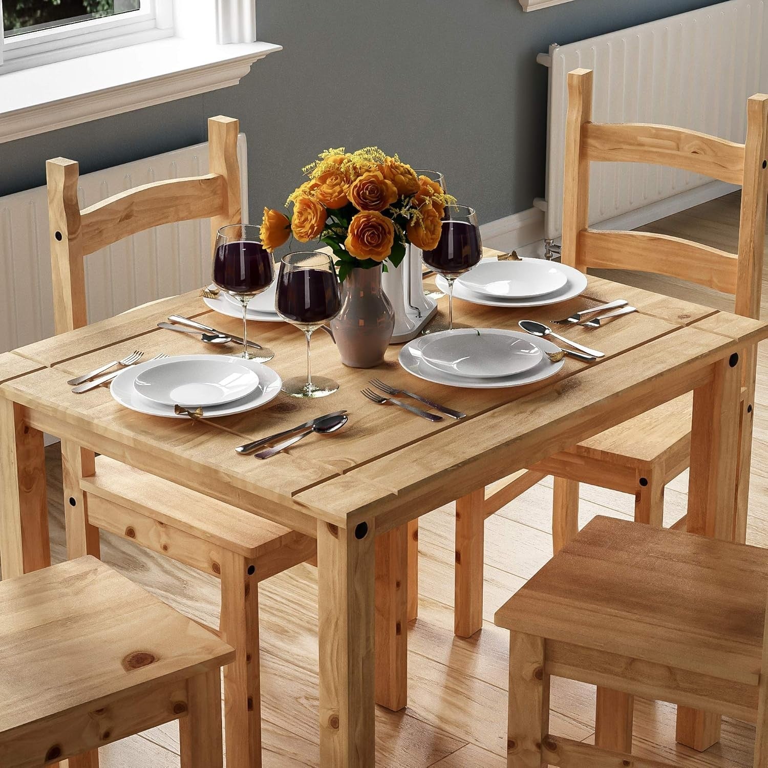 Pine 4-Seater Dining Table Set | Solid Wood, Compact, Easy Assembly