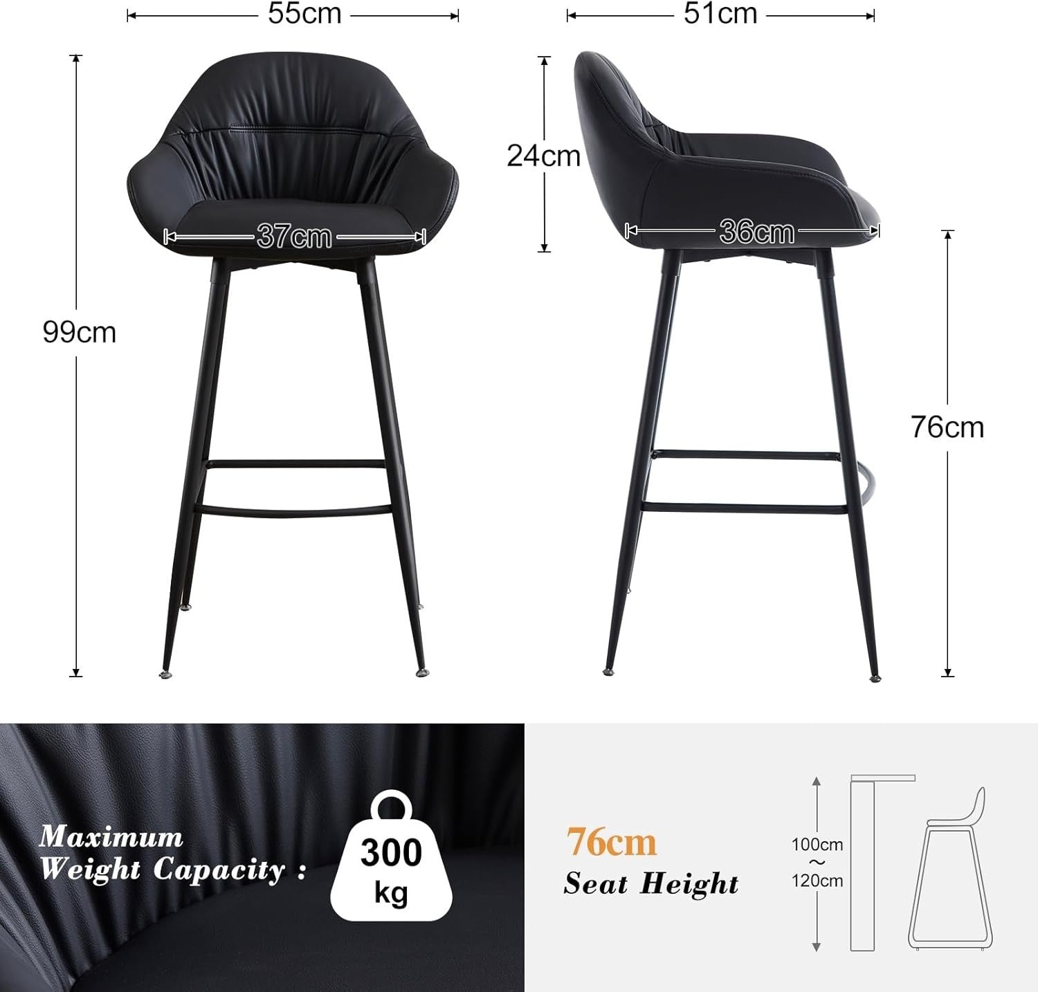 Black PU Leather Adjustable Bar Stools Set of 2 Mid-Century Kitchen