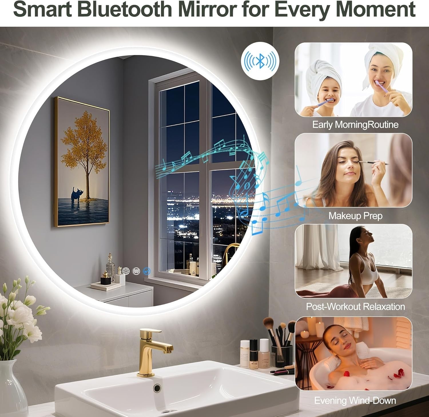 LED Bathroom Mirror 60x60cm Bluetooth Anti-Fog Dimmable Touch
