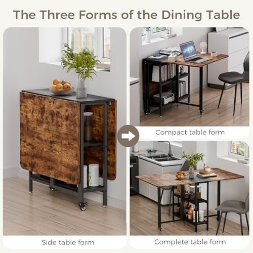 Rustic Brown Drop Leaf Folding Dining Table with Storage 140cm