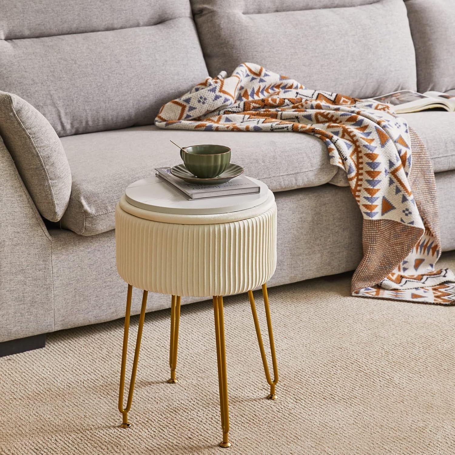 Velvet Round Storage Footrest Stool with Gold Legs – Creamy White Ottoman