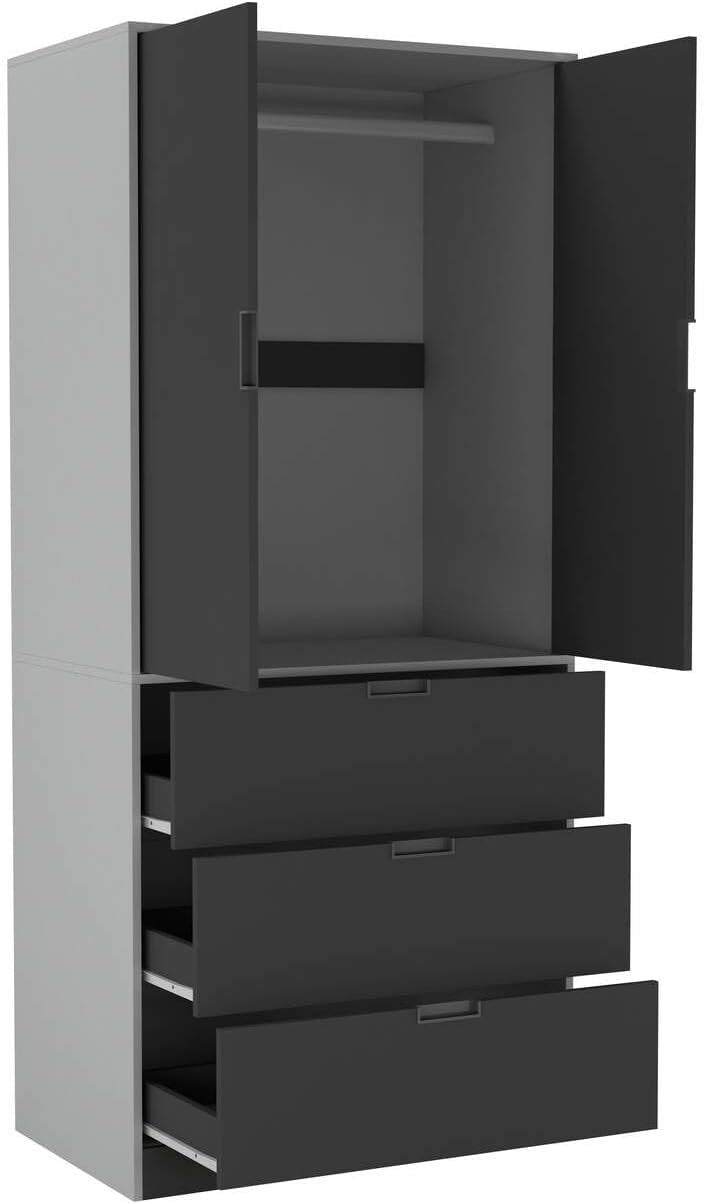 Tall Black 2 Door Wardrobe with Drawers & Rail Modern Bedroom Storage