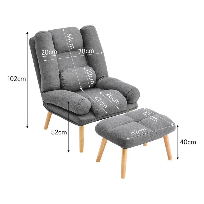 Push Back Recliner Armchair with Footstool Grey Lounge Chair for Living Room