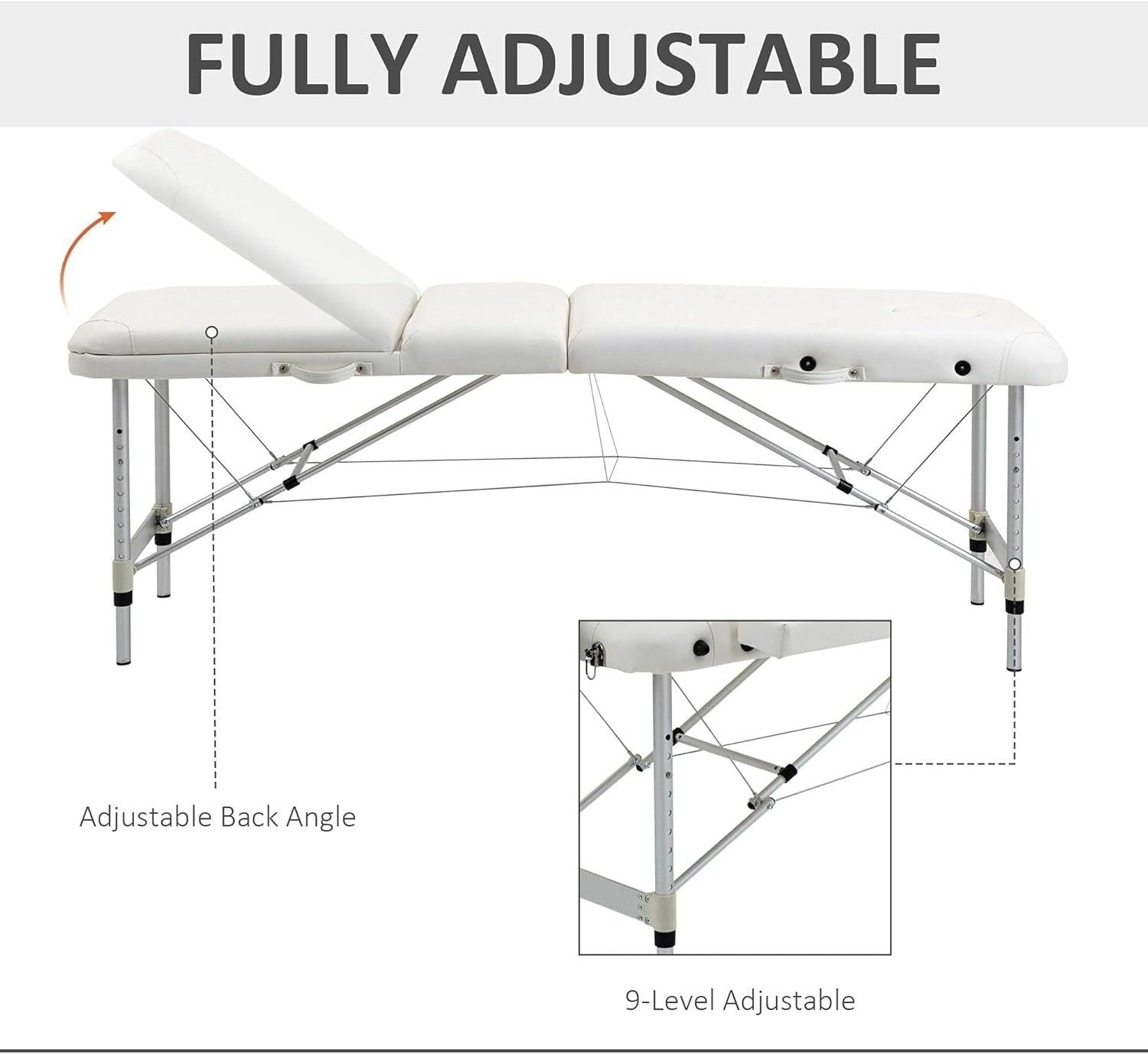 Portable Massage Table 3-Section Foldable Aluminium Beauty Bed w/ Bag White