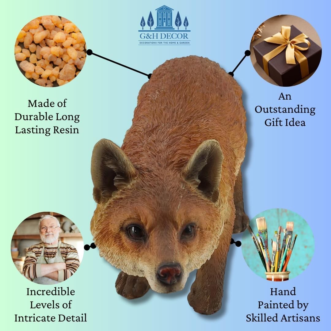 Realistic Fox Garden Ornament Sitting | Weatherproof Resin Woodland Animal Decor
