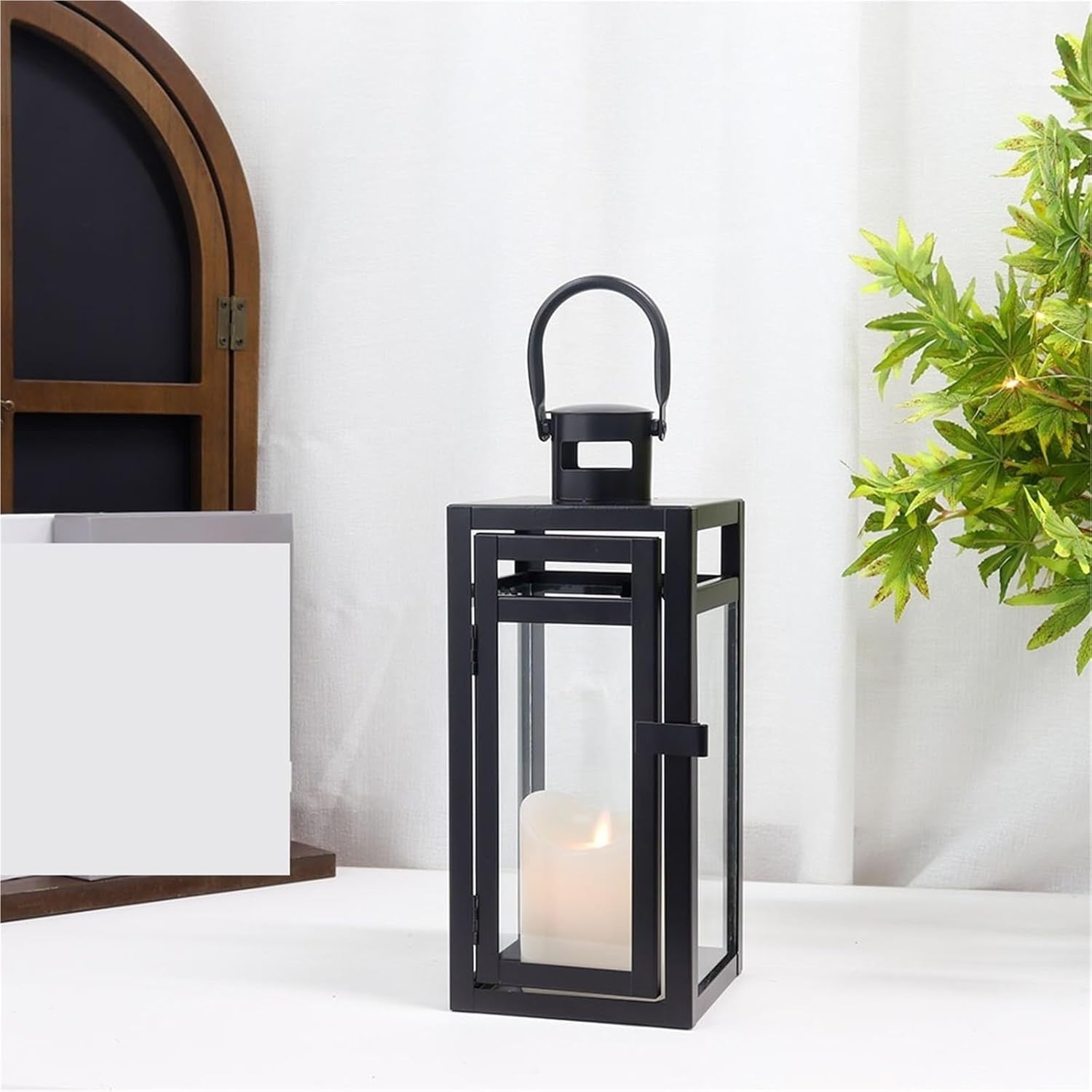 Decorative Black Metal Lantern Candle Holder with Glass for Indoor Outdoor