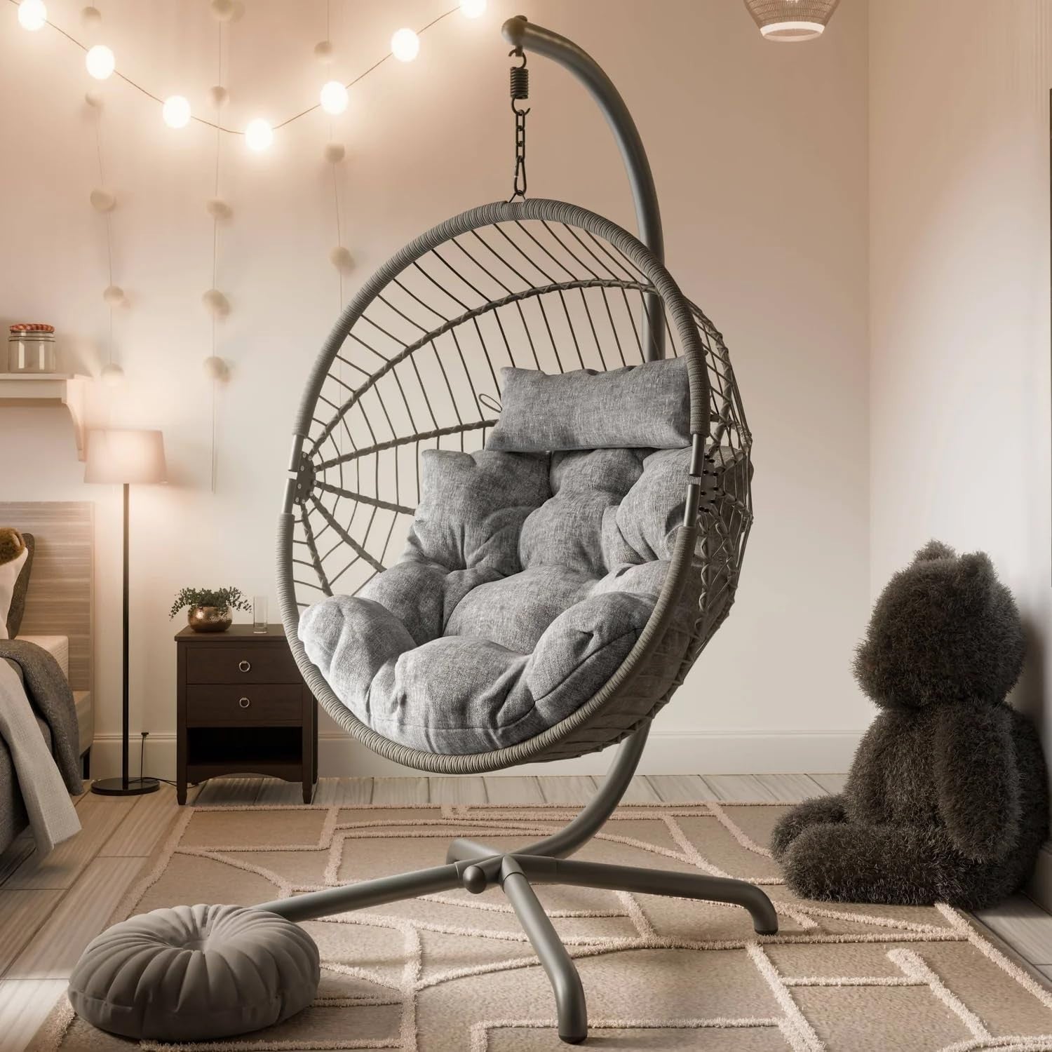 Rattan Hanging Egg Chair with Cushion & Stand for Indoor Outdoor Use