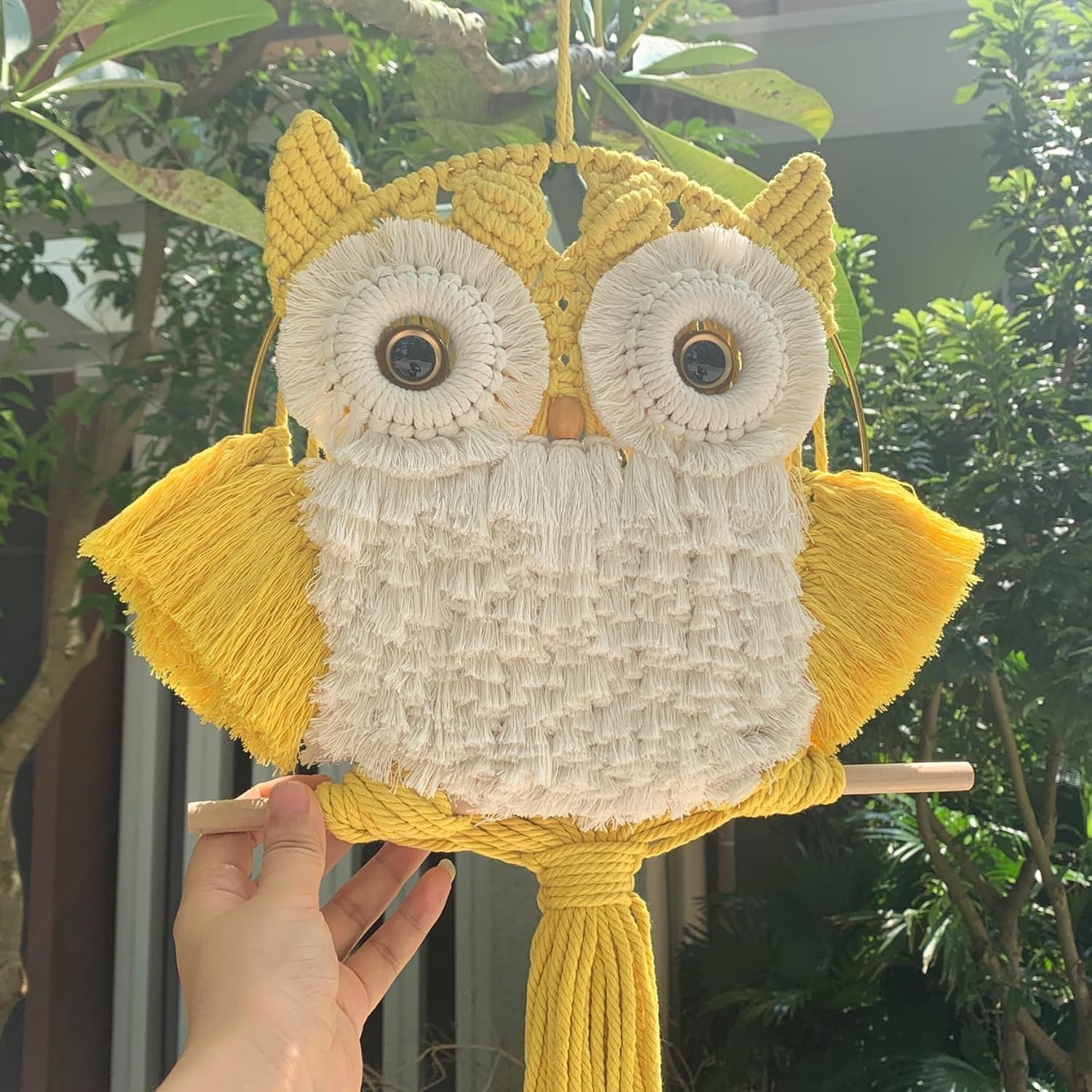 Yellow Macrame Owl Wall Hanging Boho Fiber Art Home Decor