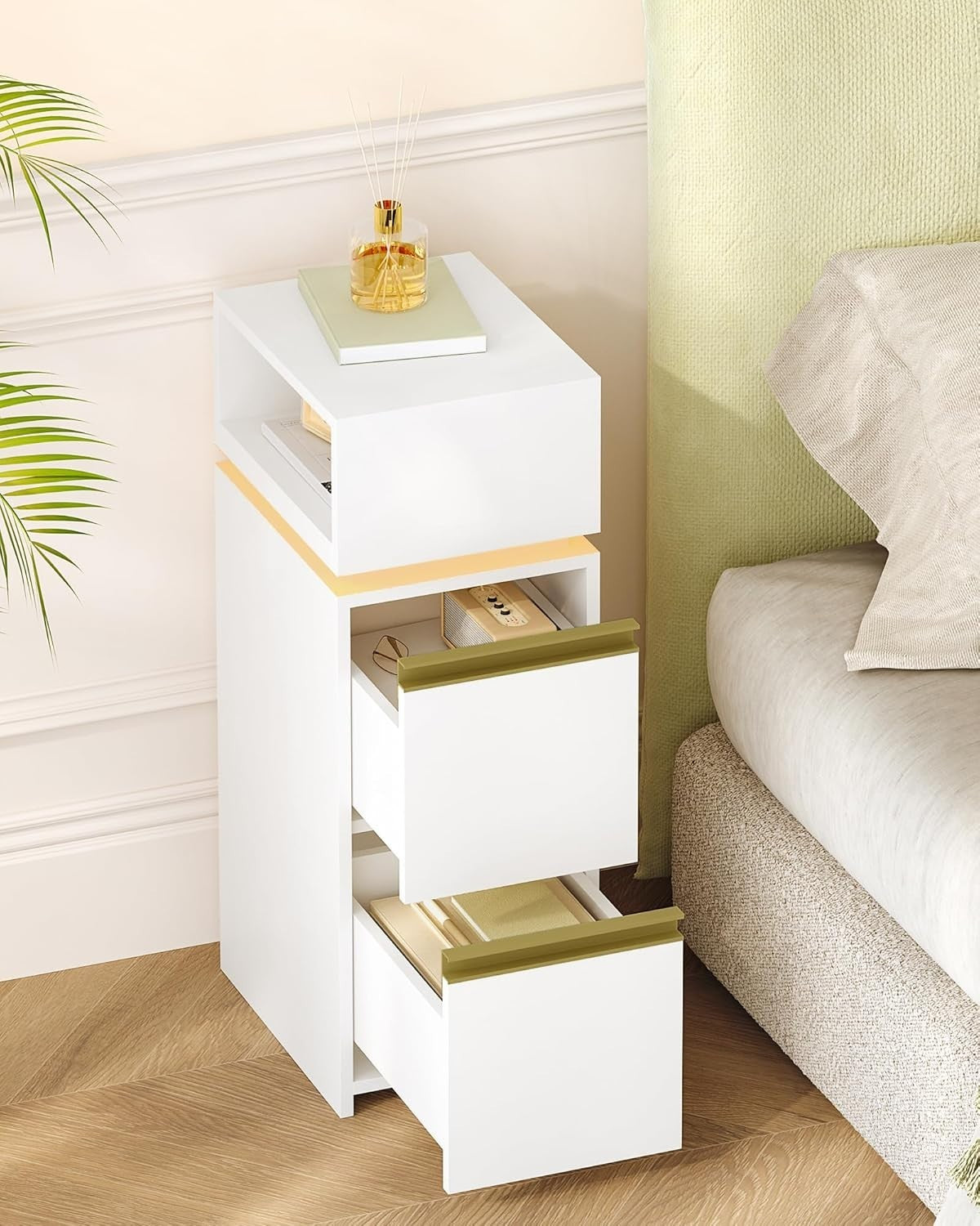 Modern LED Bedside Tables Set of 2 with Drawers & Open Shelf – Slim Nightstands