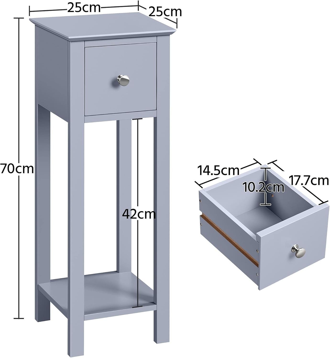 Set of 2 Grey Slim Tall Bedside Tables with Drawer & Shelf – Narrow 25x25x70cm