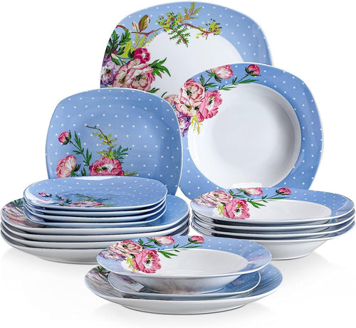 18 Piece Porcelain Dinner Set for 6 Floral Plates Bowls Microwave Safe