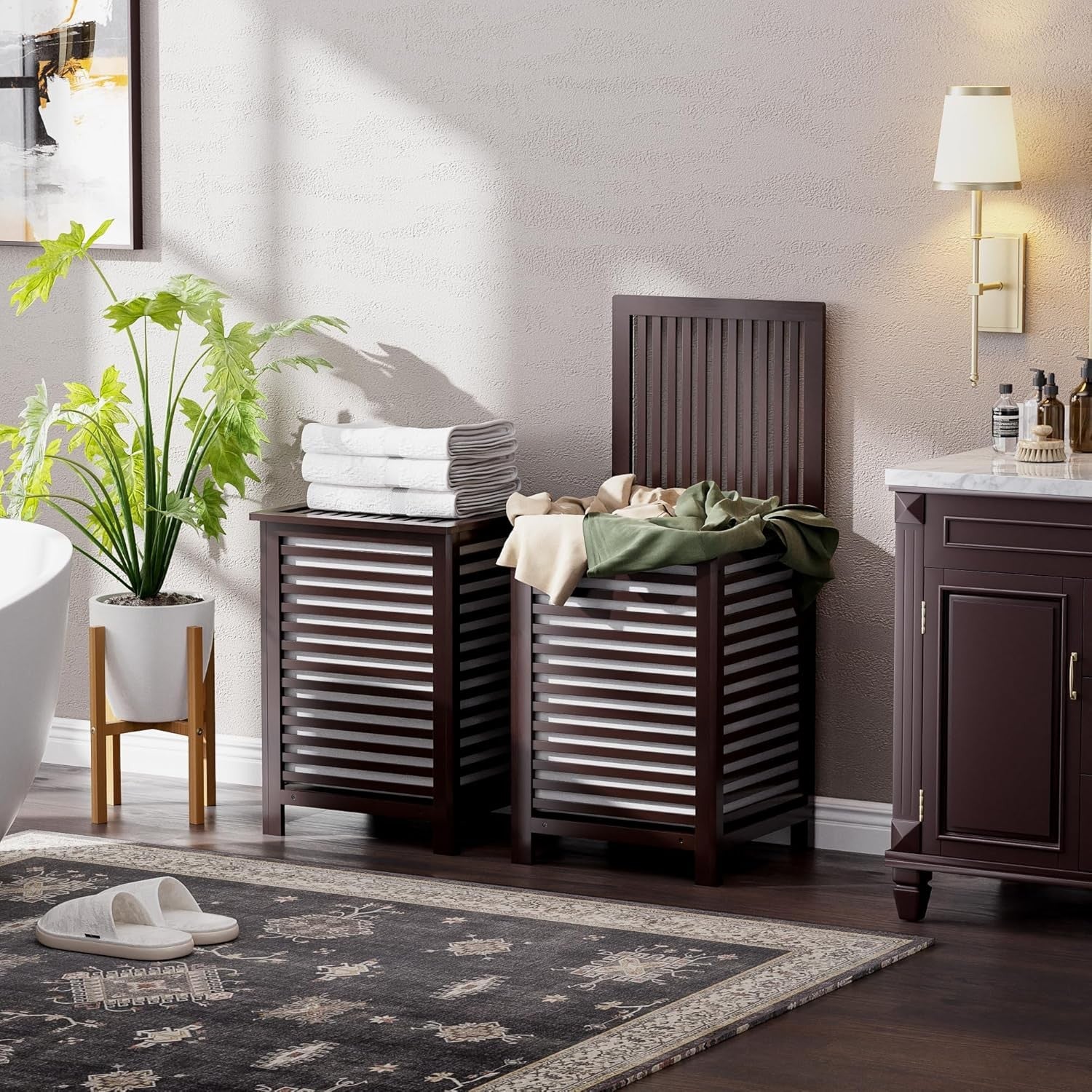 Double Bamboo Laundry Hamper with Lid 120L 2 Section Basket Brown 47x47x65cm