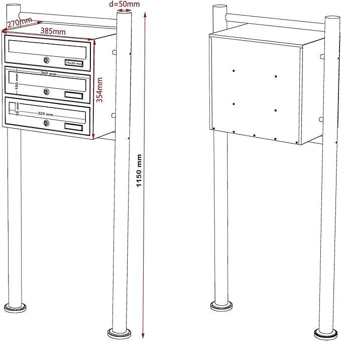 3 Door Black Pillar Letterbox Post Stand Lockable Mail System Durable Steel