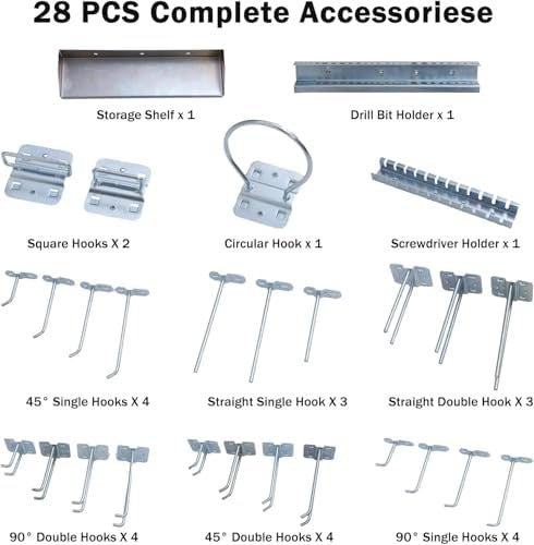 Wall-Mount Pegboard Kit 3PCS 120x60cm Alloy Steel 28 Hooks & Tool Racks