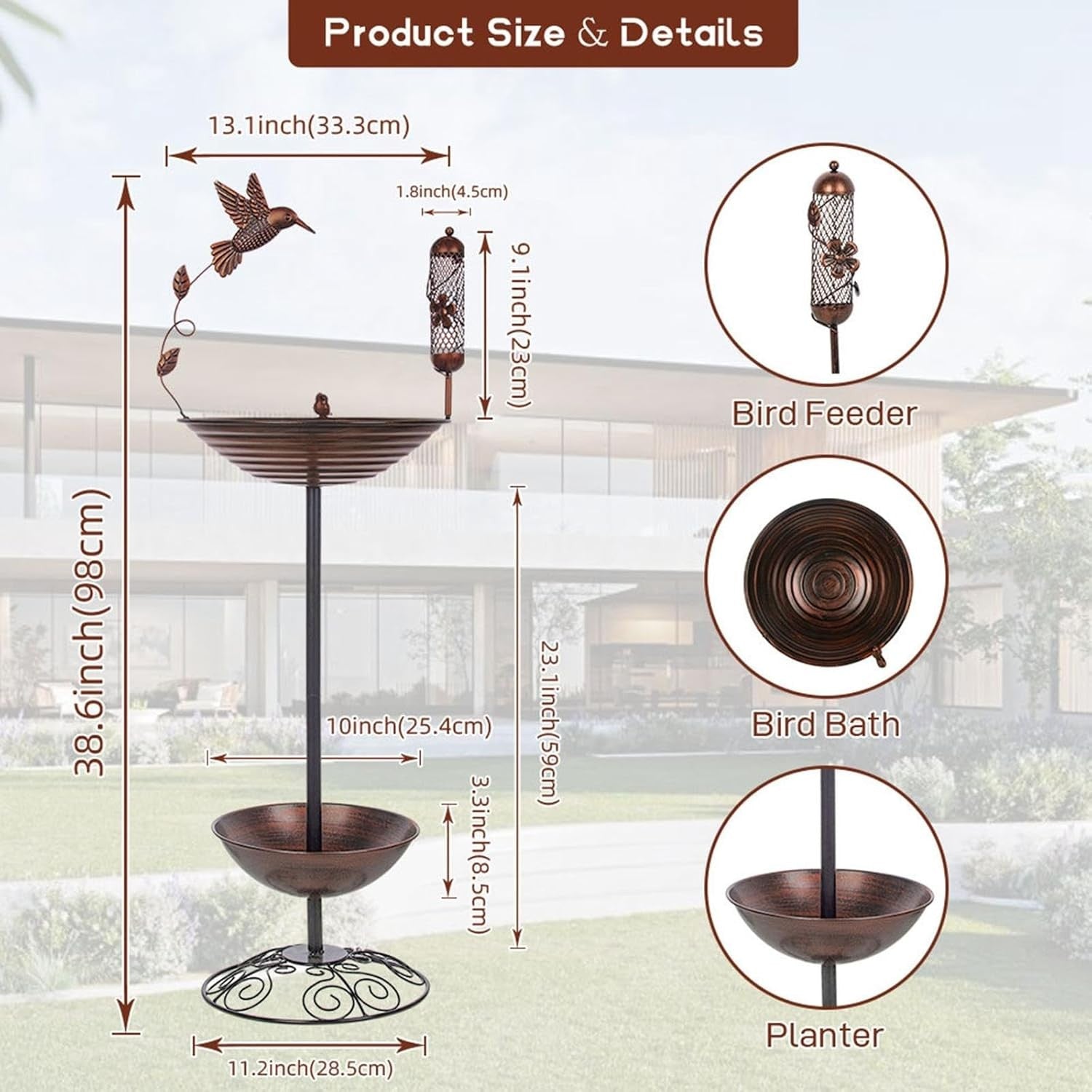 Metal Bird Bath Feeder Outdoor Garden Decor Weatherproof Iron Stand