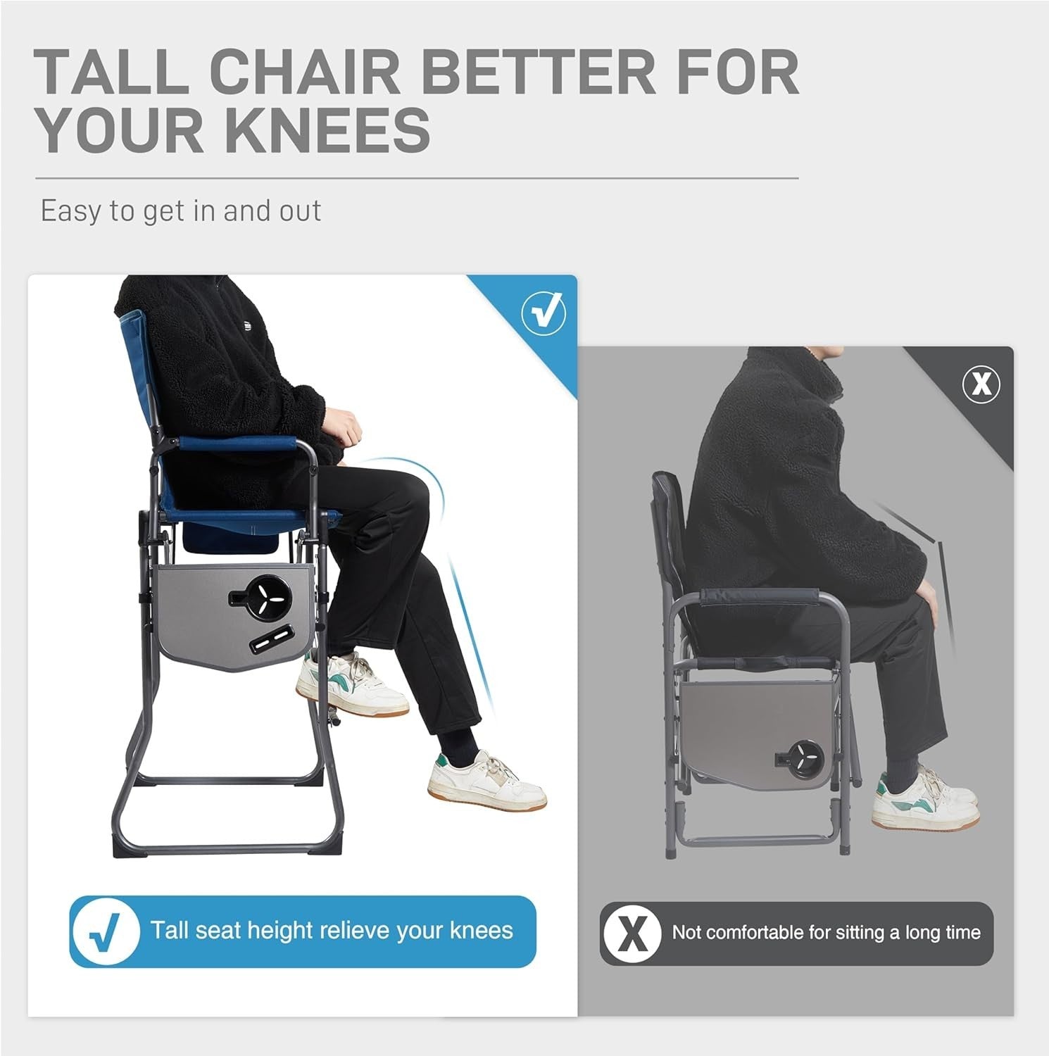 Tall Folding Directors Chair 76CM Seat Height w/ Side Table Camping Bar