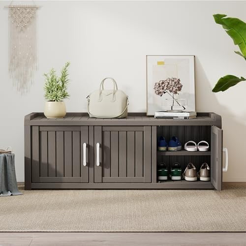 Waterproof Outdoor Shoe Storage Cabinet Bench 3 Door Resin Grey