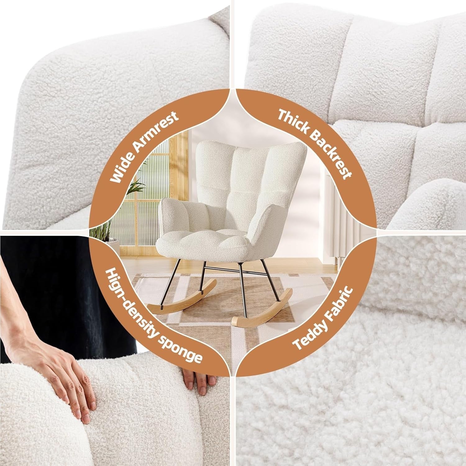 Ivory Rocking Chair Teddy Fabric Comfy Armchair for Nursery Lounge Relax