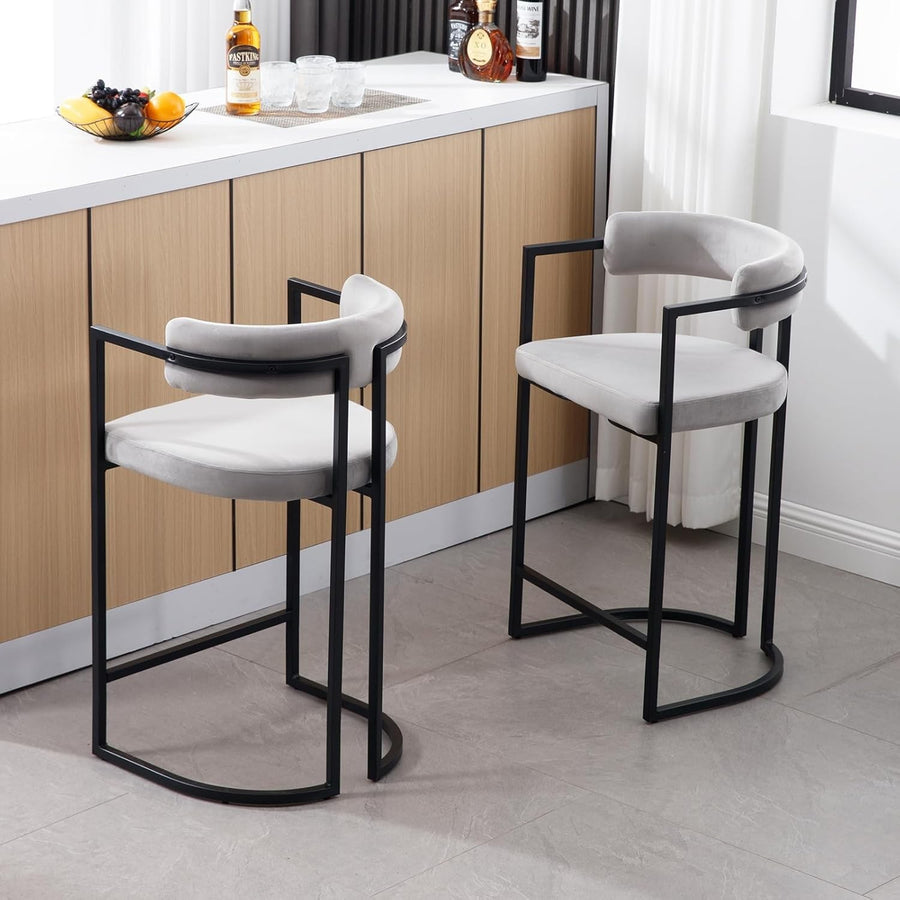 Gray Velvet Bar Stools Set of 2 Metal Frame Counter Height Kitchen