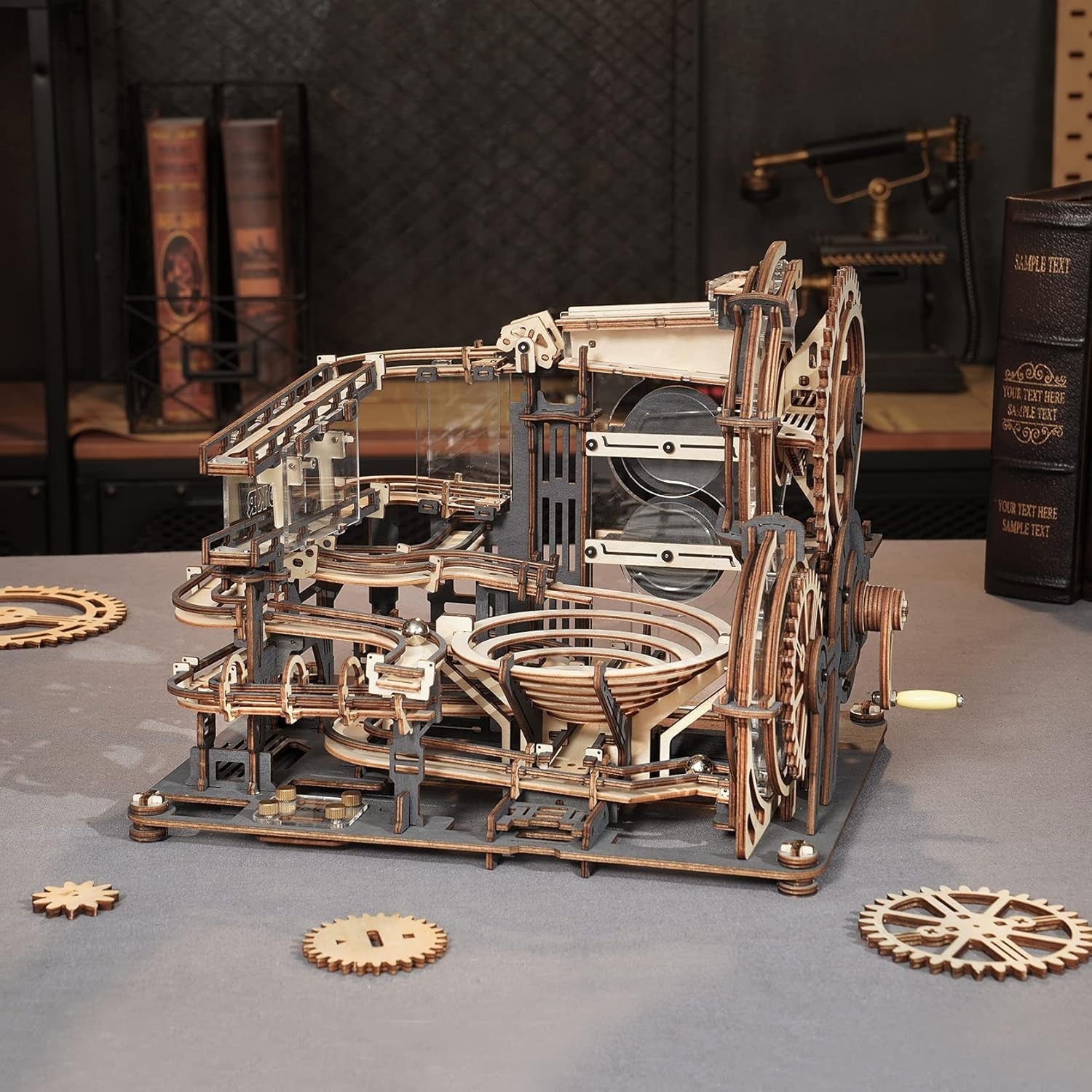 Mechanical Marble Run Puzzle Kit with 10 Steel Balls | 3D Wooden Hand Crank Toy