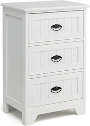 Modern White Bedside Table with 3 Drawers, Wooden Nightstand Storage Unit