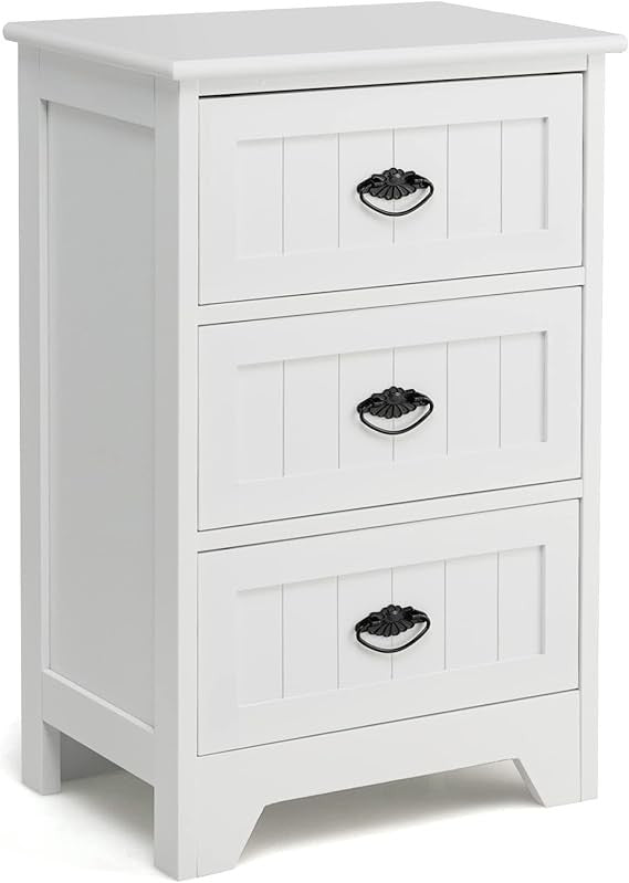 Modern White Bedside Table with 3 Drawers, Wooden Nightstand Storage Unit