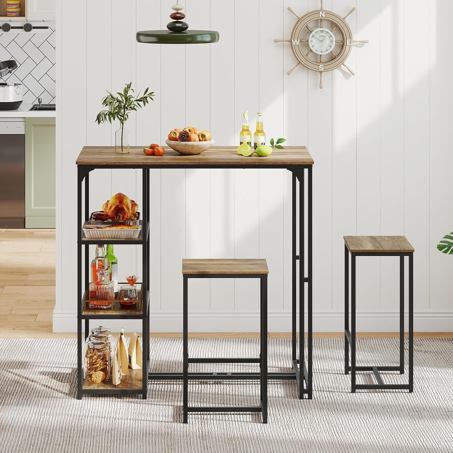 3-Piece Bar Table Set Shelves, Space-Saving Breakfast Dining Set – Coffee Black