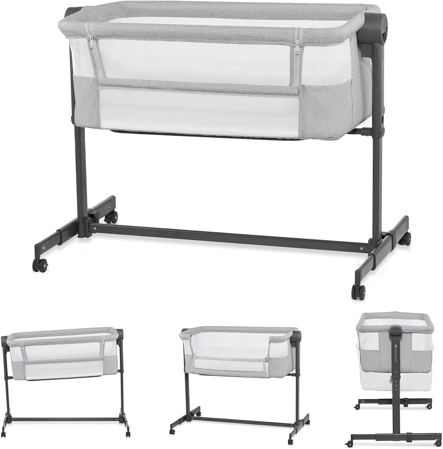 Bedside Baby Crib Co-Sleeper Cot Adjustable Height Travel Bassinet Grey
