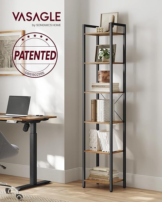6-Tier Industrial Bookshelf Slim Wheat Brown Metal Wood Tall Storage Unit