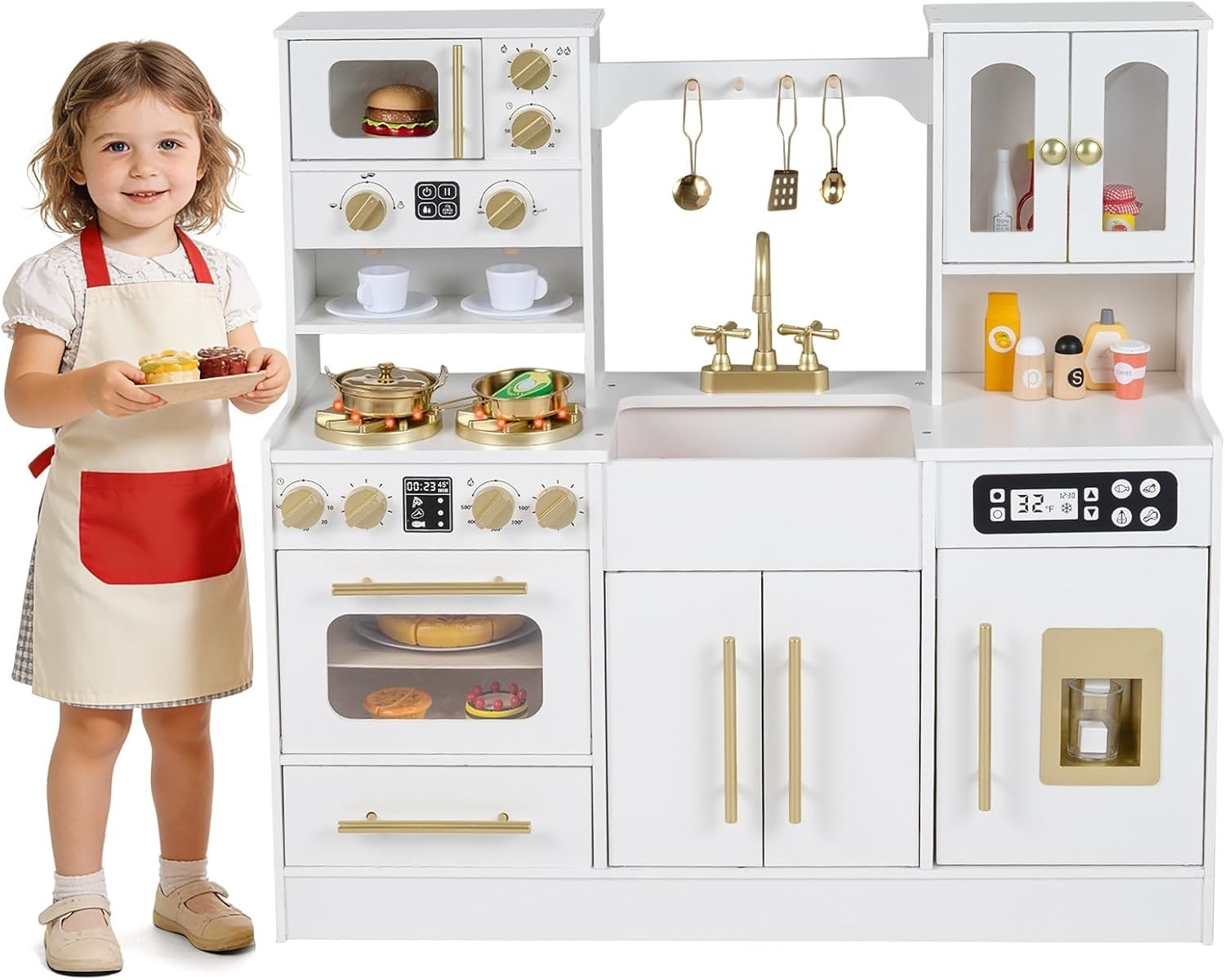 Kids Wooden Play Kitchen Lights Sounds Ice Maker Coffee Station