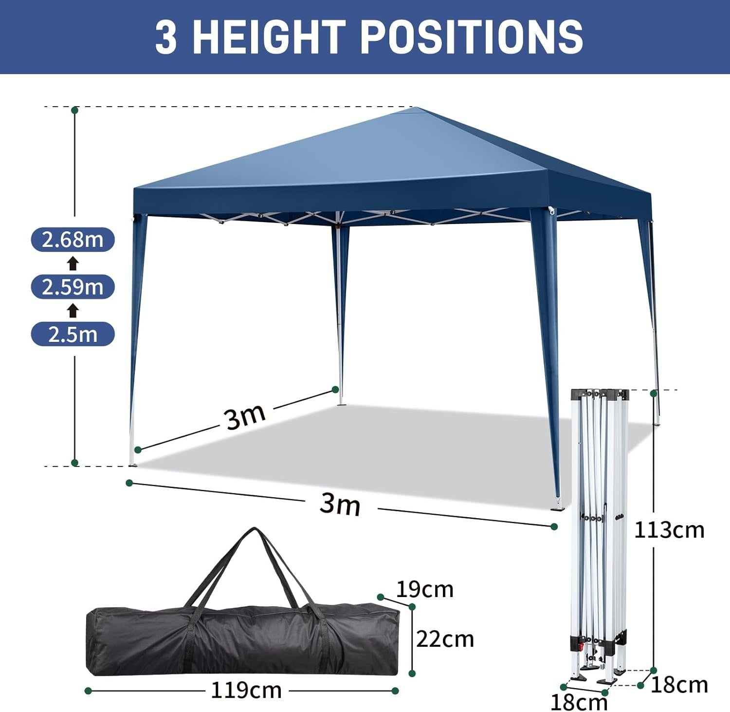 3x3M Blue Pop Up Gazebo with Sides Waterproof Garden Party Tent Outdoor Canopy