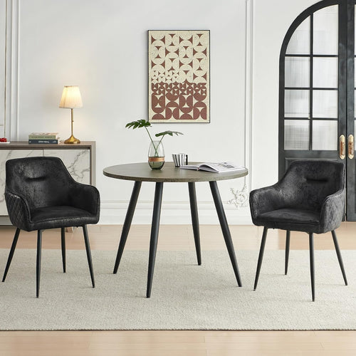 Round Grey Marble Dining Table Set with 2 Black Faux Suede Chairs Kitchen